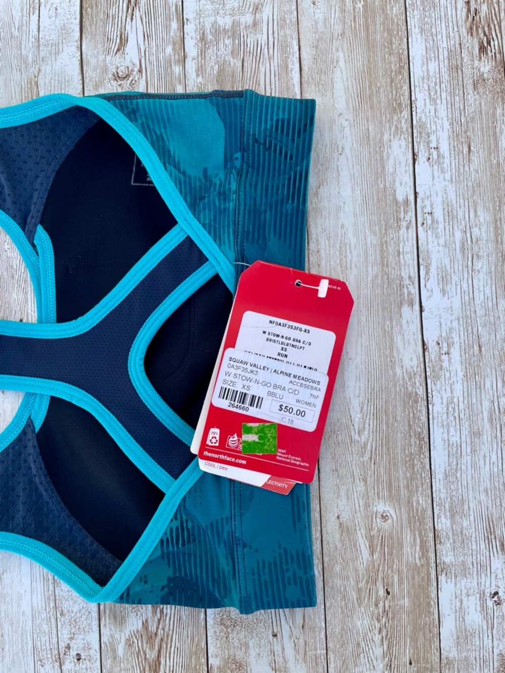 NEW North Face Stow-n-Go Phone Pocket Botanical Tropical Teal Blue Sports Bra XS - Picture 9 of 15